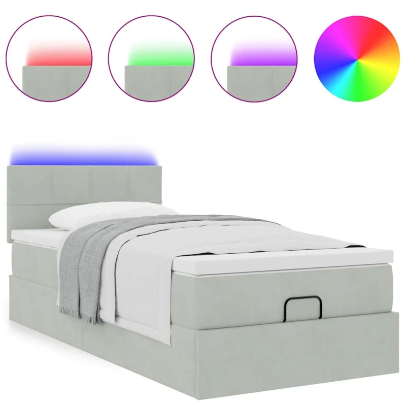 vidaXL Οθωμανικό κρεβάτι με στρώμα&LEDs Ανοιχτό γκρι 100x200cm Βελούδο