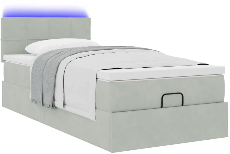 vidaXL Οθωμανικό κρεβάτι με στρώμα&LEDs Ανοιχτό γκρι 100x200cm Βελούδο