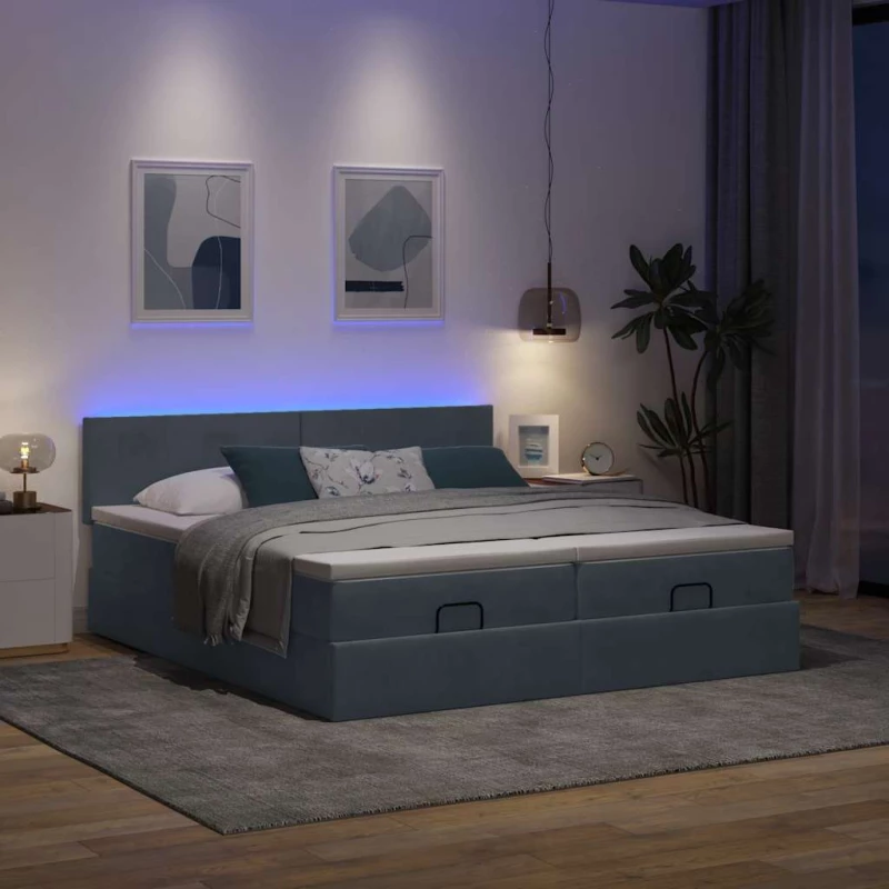 vidaXL Οθωμανικό κρεβάτι με στρώματα & LEDs Σκούρο γκρι Βελούδο
