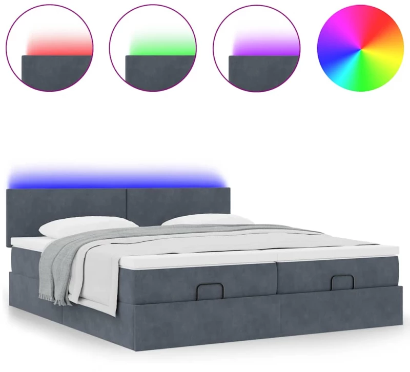 vidaXL Οθωμανικό κρεβάτι με στρώματα & LEDs Σκούρο γκρι Βελούδο