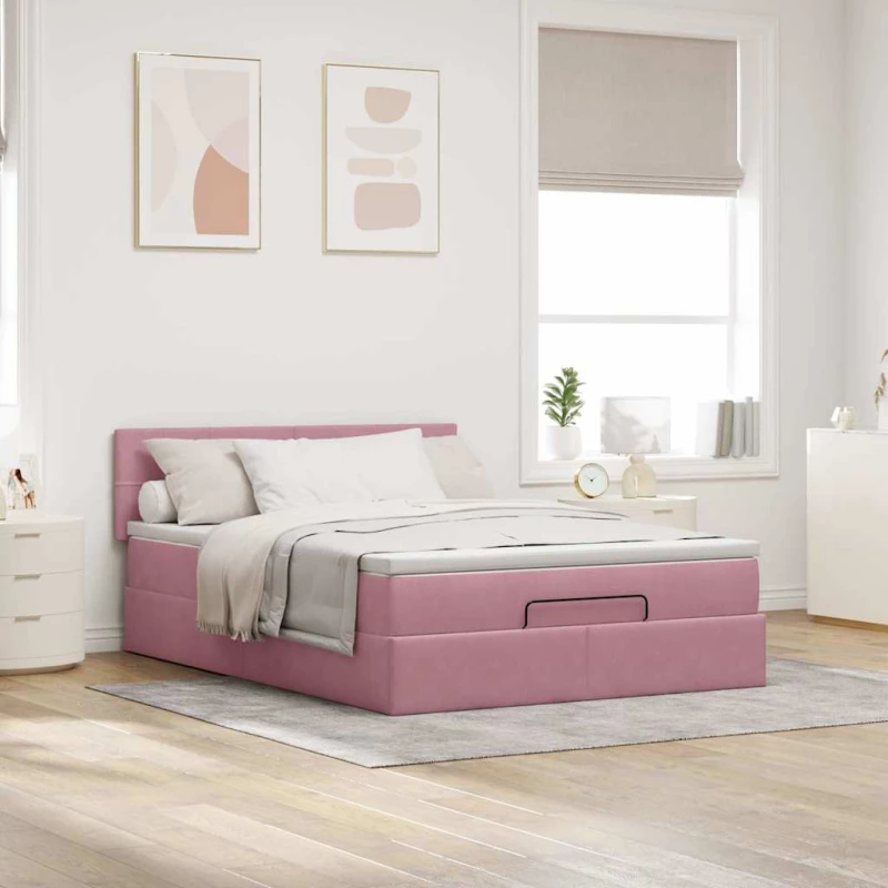 vidaXL Οθωμανικό κρεβάτι με στρώμα ροζ 140x200cm Βελούδο