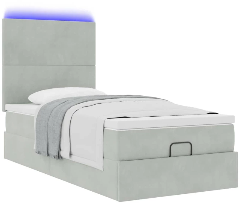 vidaXL Οθωμανικό κρεβάτι με στρώματα & LEDs Ανοιχτό γκρι Βελούδο