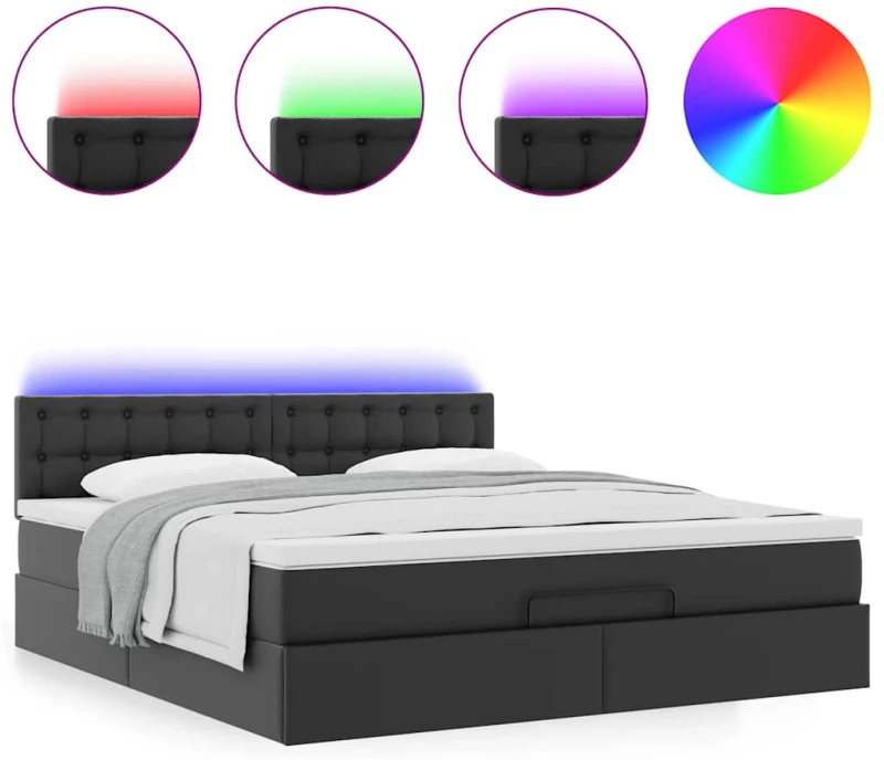 vidaXL Οθωμανικό κρεβάτι με στρώματα & LEDs Μαύρο Faux Leather