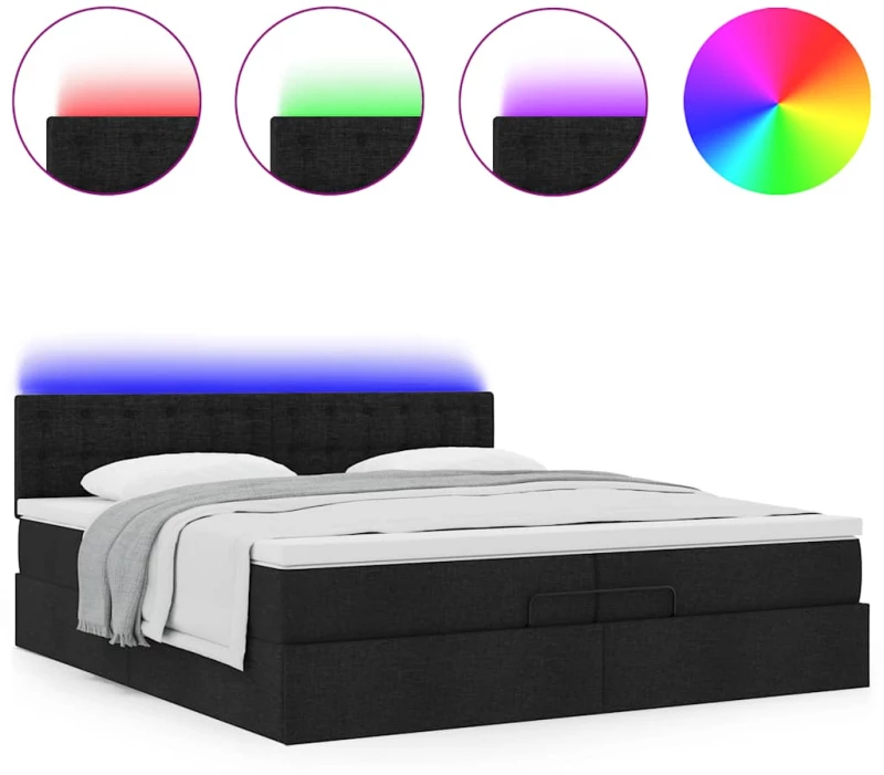 vidaXL Οθωμανικό κρεβάτι με στρώματα & LEDs Μαύρο 200x200cm ύφασμα