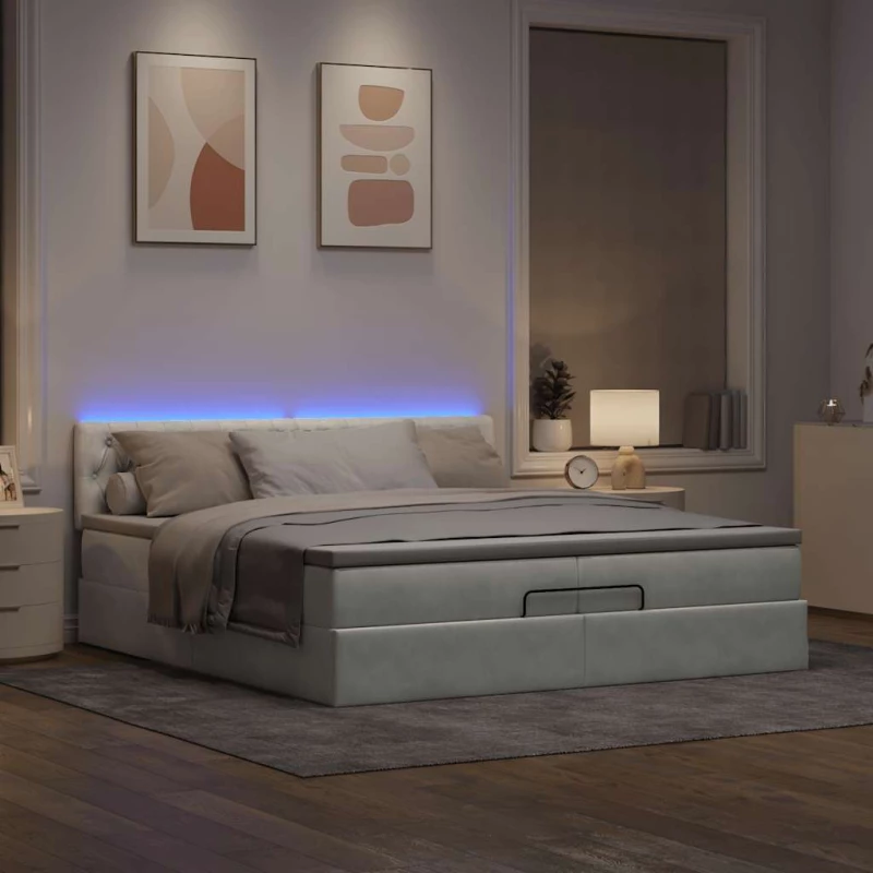 vidaXL Οθωμανικό κρεβάτι με στρώματα & LEDs Ανοιχτό γκρι Βελούδο