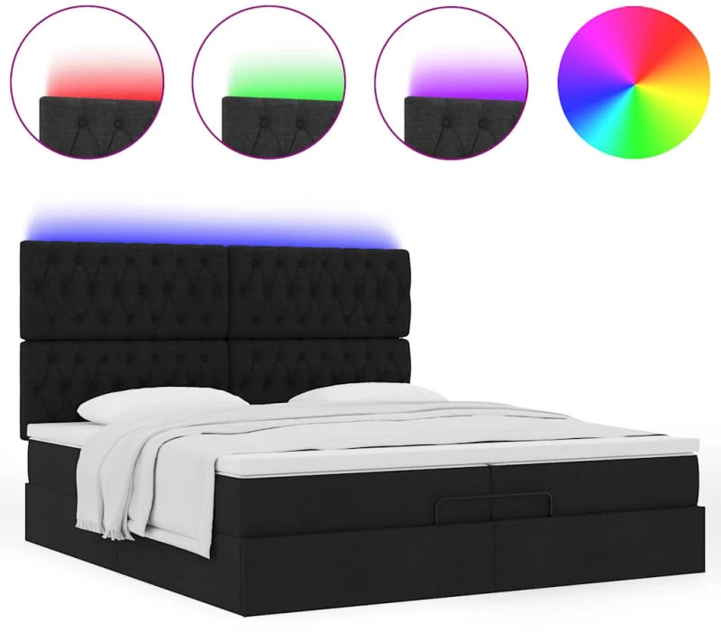 vidaXL Οθωμανικό κρεβάτι με στρώματα & LEDs Μαύρο 200x200cm ύφασμα