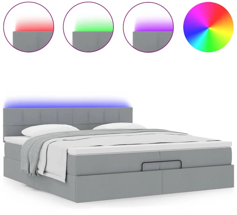 vidaXL Οθωμανικό κρεβάτι με στρώματα & LEDs Ανοιχτό γκρι ύφασμα