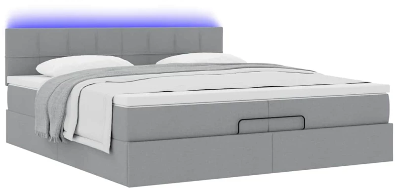 vidaXL Οθωμανικό κρεβάτι με στρώματα & LEDs Ανοιχτό γκρι ύφασμα