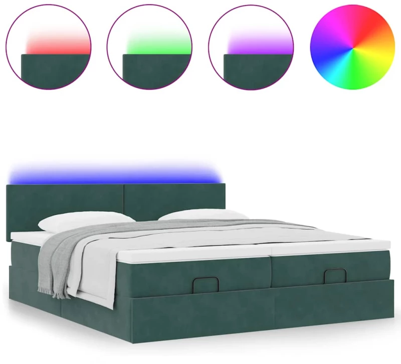 vidaXL Οθωμανικό κρεβάτι με στρώματα & LEDs Σκούρο πράσινο Βελούδο
