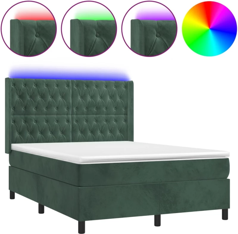 vidaXL Κρεβάτι Boxspring με Στρώμα & LED Σκ. Πράσινο 140x200εκ Βελούδο
