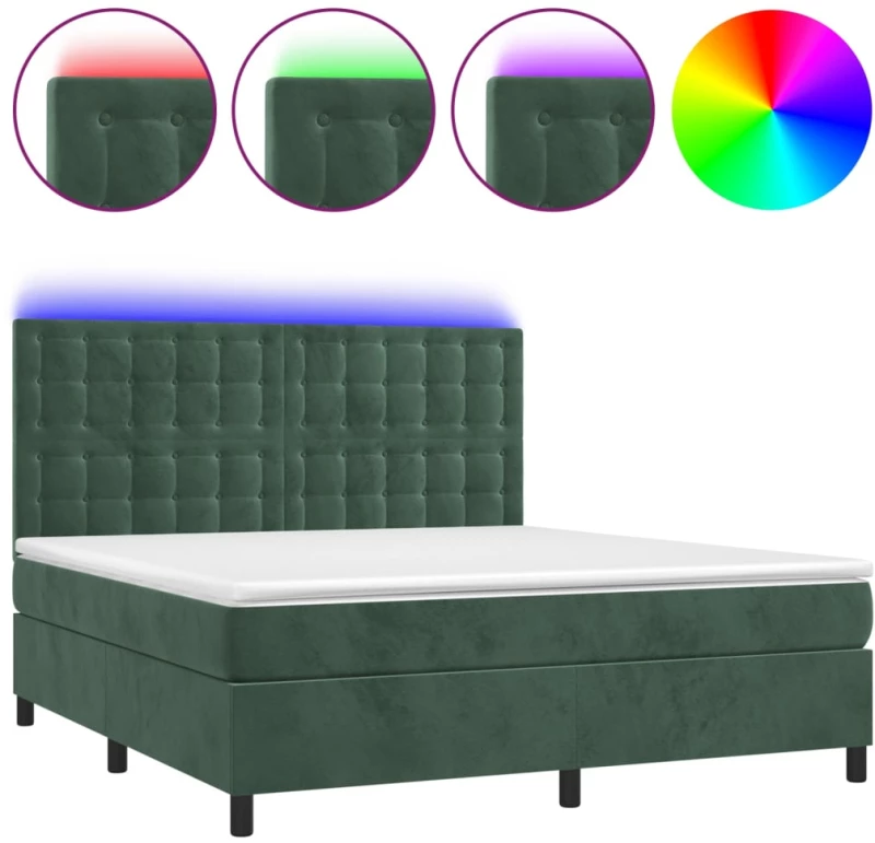 vidaXL Κρεβάτι Boxspring με Στρώμα & LED Σκ. Πράσινο 180x200εκ Βελούδο