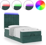 vidaXL Οθωμανικό κρεβάτι με στρώματα & LEDs Σκούρο Πράσινο Βελούδο