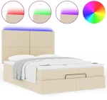 vidaXL Οθωμανικό κρεβάτι με στρώμα & LEDs Cream 140x200 cm Ύφασμα