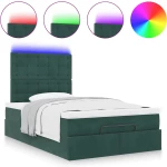 vidaXL Οθωμανικό κρεβάτι με στρώματα & LEDs Σκούρο πράσινο Βελούδο