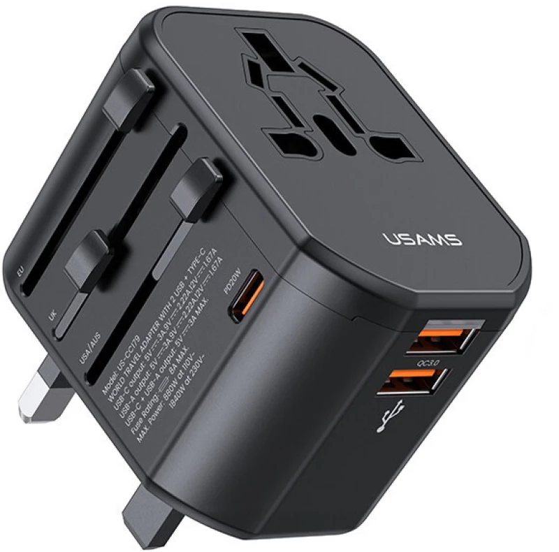 USAMS φορτιστής/αντάπτορας πρίζας US-CC179  USB-C & 2x USB  universal  20W  μαύρος