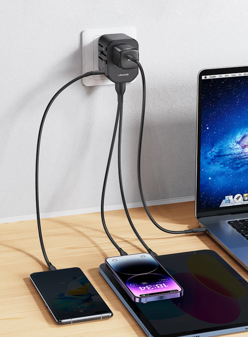 USAMS φορτιστής/αντάπτορας πρίζας US-CC179  USB-C & 2x USB  universal  20W  μαύρος