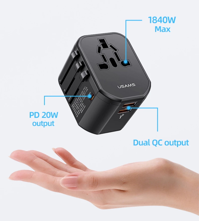 USAMS φορτιστής/αντάπτορας πρίζας US-CC179  USB-C & 2x USB  universal  20W  μαύρος