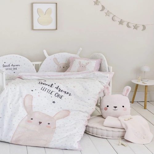 Παπλωματοθήκη Βρεφική Lovely Bunny (Σετ 2τμχ) White-Pink Nima 110x145cm 100% Βαμβάκι