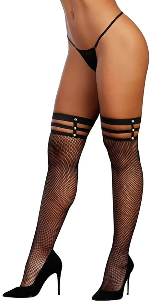 Dreamgirl Strappy Fishnet Thigh High Diamond - One Size - Black