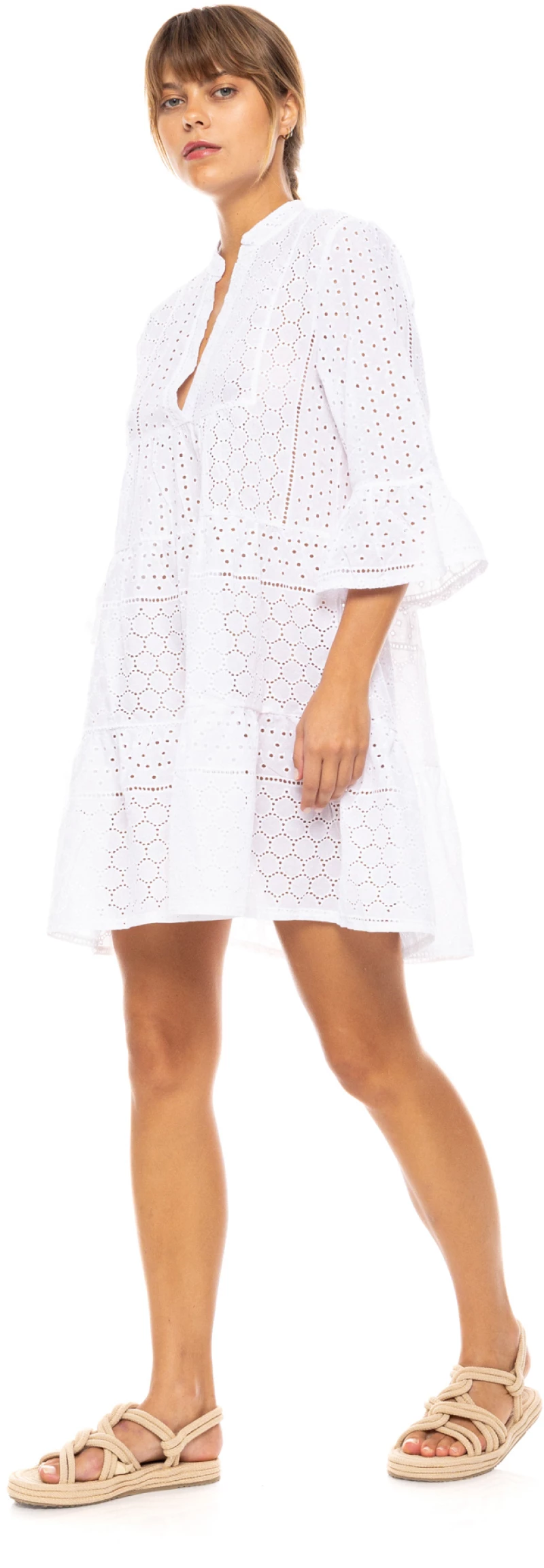 Γυναικείο Beachdress Pink Label -  Φόρεμα Λευκό - Κοφτό κέντημα - Regular Fit - Cotton