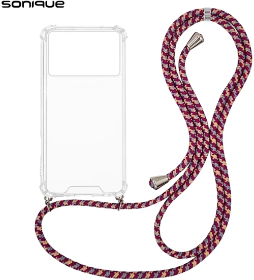 Θήκη Σιλικόνης με Κορδόνι Sonique Armor Clear Xiaomi Poco F6 Pro 5G Rainbow Μπορντό