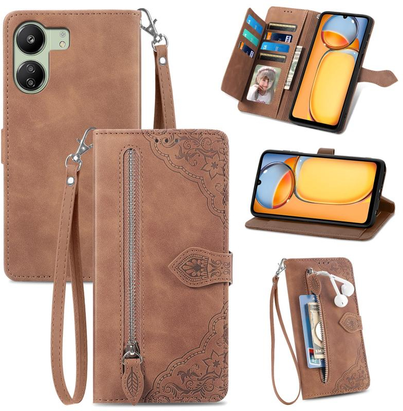 Για Xiaomi Poco C65 ανάγλυφο λουλούδι φερμουάρ δερμάτινη θήκη τηλεφώνου (καφέ)