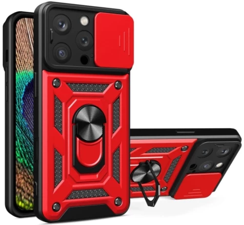 Θήκη iPhone 16 Pro Bodycell Armor Slide Ανθεκτική με Κάλυμμα για την Κάμερα & Μεταλλικό Ring Holder - Red (5206015079078)