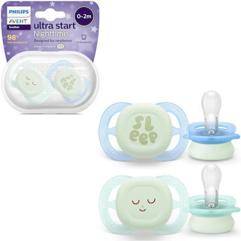 AVENT Avent Ορθοδοντικές Πιπίλες Σιλικόνης Ultra Start Nighttime 0-2 Μηνών Γαλάζιο/Μέντα