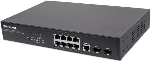 Intellinet 8-Port Gigabit Ethernet PoE+ Web-Managed Switch with 2 SFP Ports, IEEE 802.3at/af Power over Ethernet (PoE+/PoE) Compliant, 140 W, Endspan, Desktop, 19" Rackmount, Box