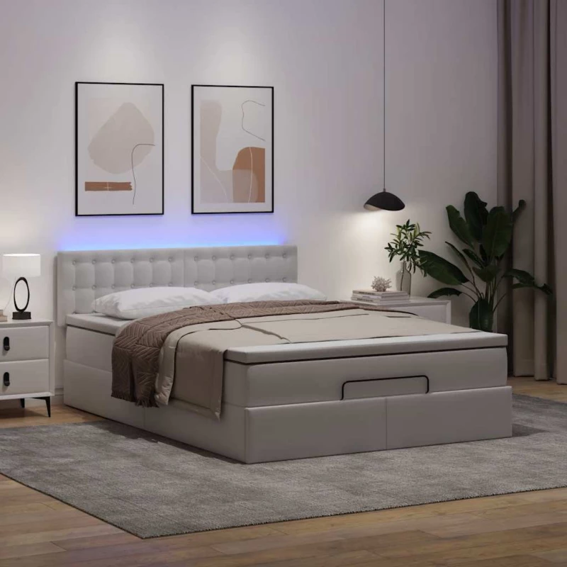 vidaXL Οθωμανικό κρεβάτι με στρώματα & LEDs Καθαρό λευκό Faux Leather