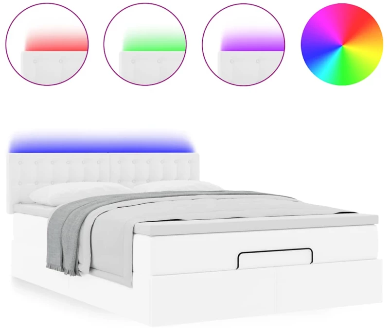vidaXL Οθωμανικό κρεβάτι με στρώματα & LEDs Καθαρό λευκό Faux Leather