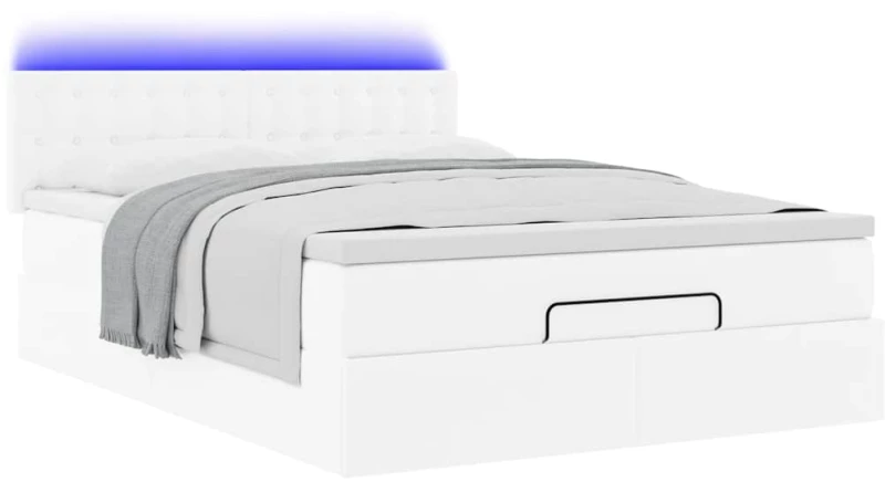 vidaXL Οθωμανικό κρεβάτι με στρώματα & LEDs Καθαρό λευκό Faux Leather