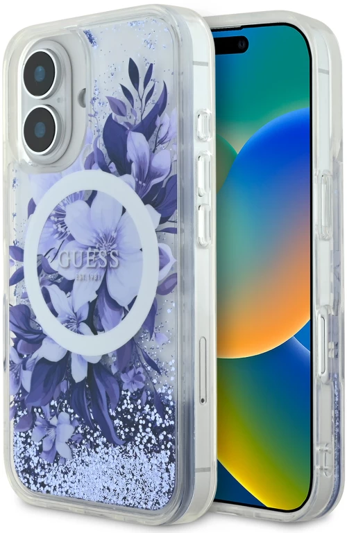 Guess Magsafe “Liquid Glitter Flower" Hard Case Θήκη προστασίας από σκληρό πλαστικό – iPhone 16 Μωβ – GUHMP16SLFMWTU