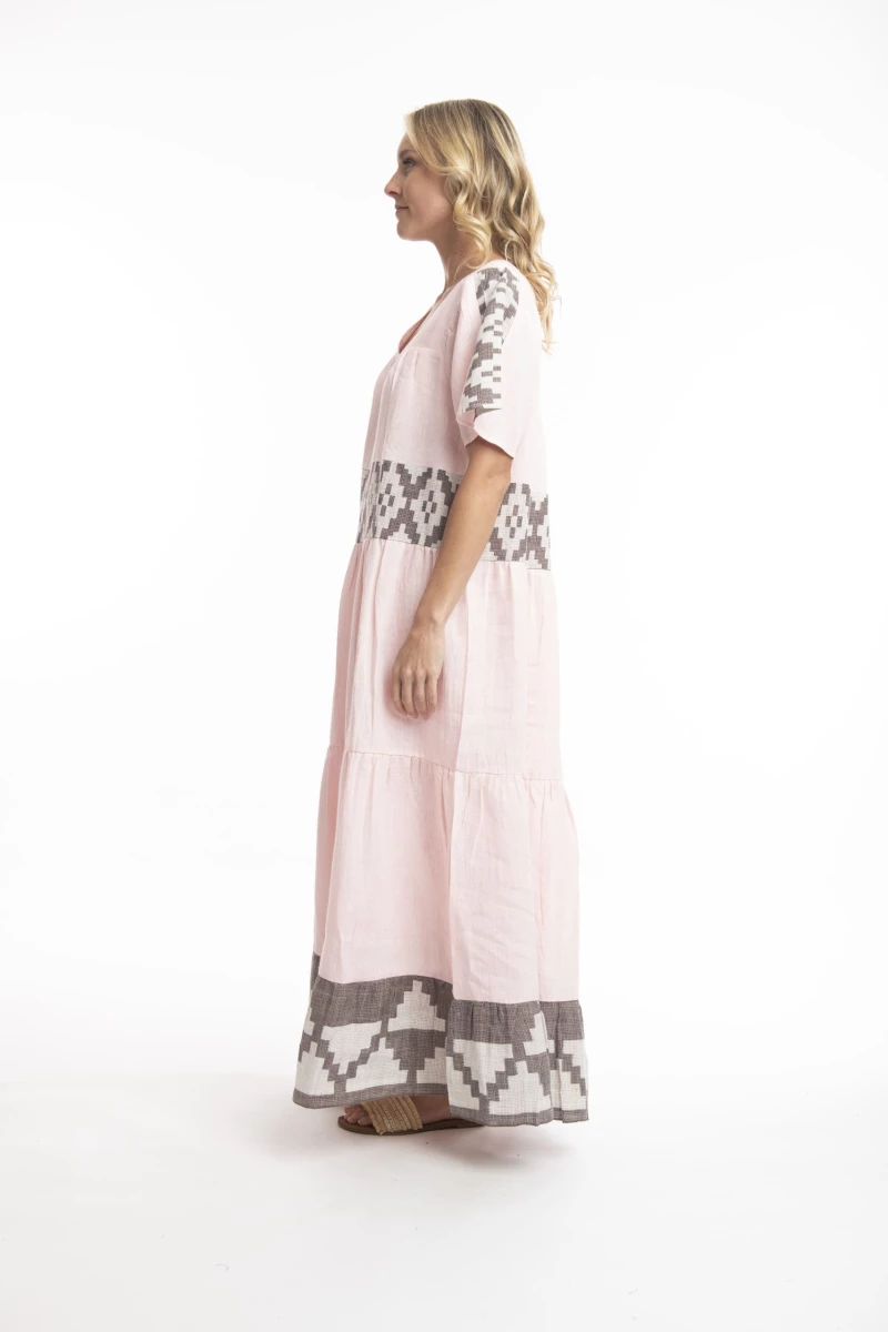 Φόρεμα Maxi Κοντομάνικο Border Print Escape Blush