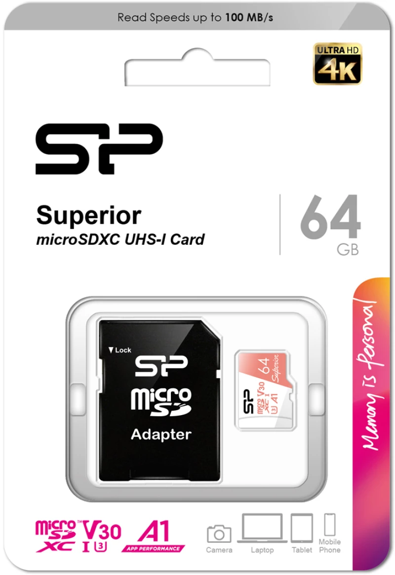 SILICON POWER κάρτα μνήμης microSDXC Superior, 64GB, C10 UHS-I U3 A1 V30