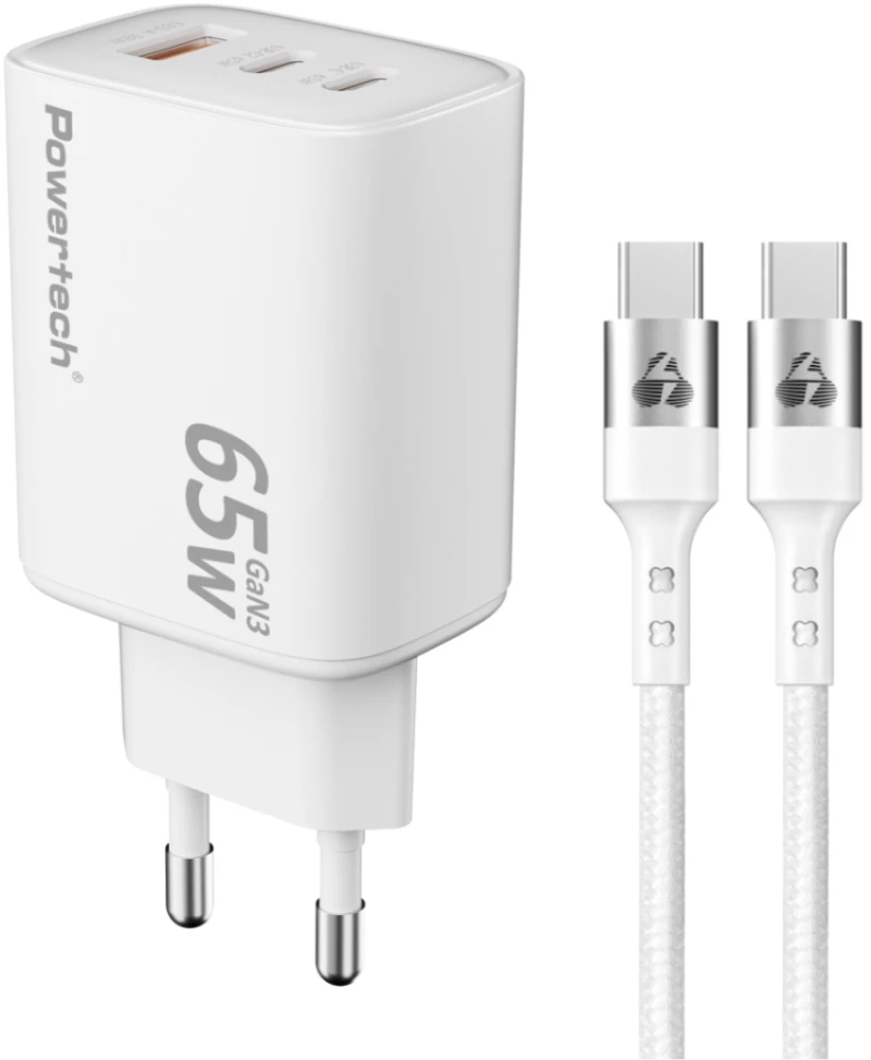 POWERTECH φορτιστής τοίχου PT-1415 με καλώδιο, USB/2x USB-C, 65W, GaN, λευκός