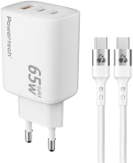 POWERTECH φορτιστής τοίχου PT-1415 με καλώδιο, USB/2x USB-C, 65W, GaN, λευκός