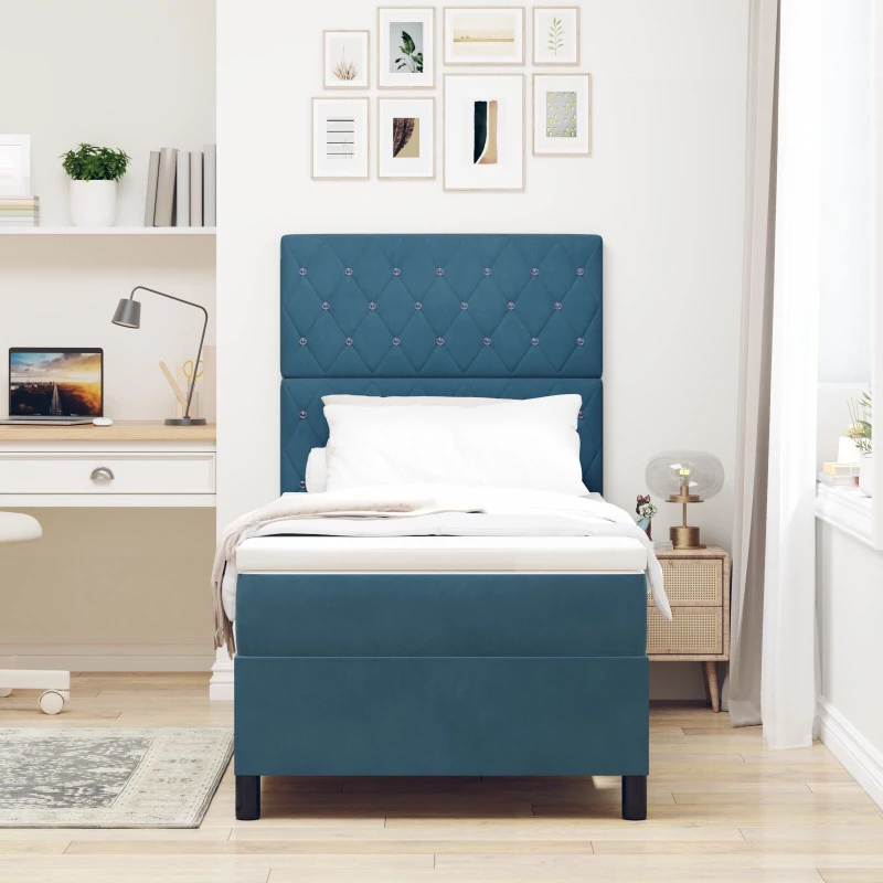 Κρεβάτι Box Spring με στρώμα vidaXL Σκούρο Μπλε 90x200 εκ. Βελούδο