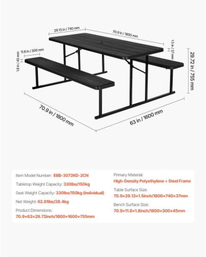 VEVOR Picnic Table Foldable Steel Camping Table Chair Garden Indoor Outdoor