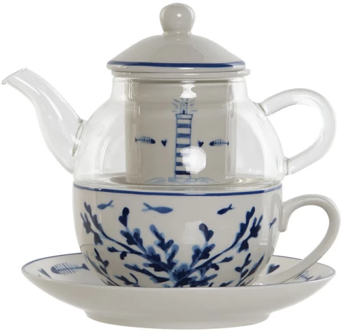 Τσαγιέρα Home ESPRIT Μπλε Λευκό Κρυστάλλινο Πορσελάνη