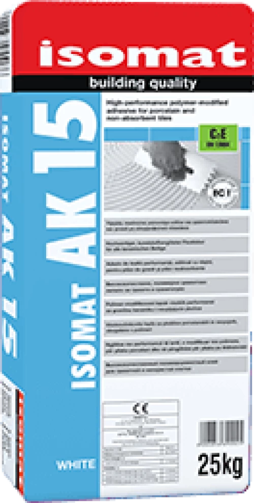Isomat AK-15 Υψηλής ποιότητας ρητινούχα, τσιμεντοειδής κόλλα πλακιδίων, Λευκή, 25 kg