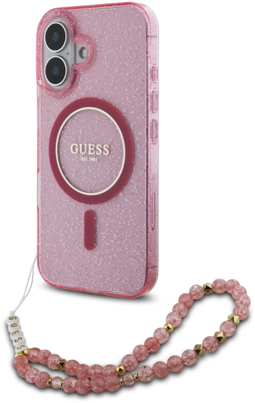 Guess Magsafe “Glitter with Pearl Strap” Hard Case Θήκη προστασίας από σκληρό πλαστικό – iPhone 16 Ροζ – GUHMP16SHGCRELSF