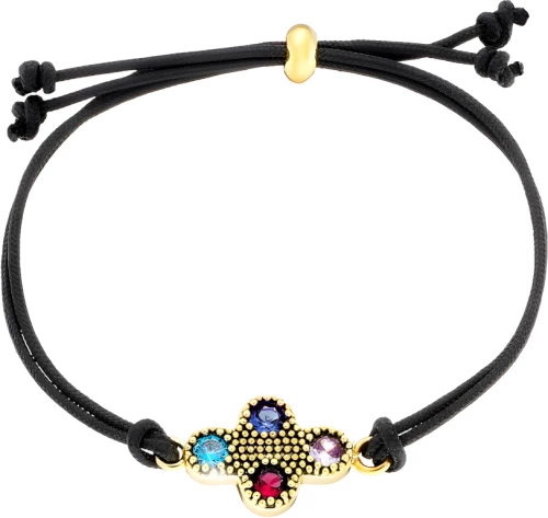 Oxette βραχιόλι Natrix μαύρο κορδόνι με μεταλλικό επίχρυσο σταυρό και πολύχρωμα ζιργκόν 02X15-00490