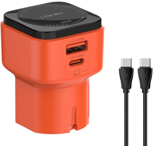 LDNIO φορτιστής τοίχου Q2420 με καλώδιο, USB/USB-C, 45W, universal πρίζα, πορτοκαλί