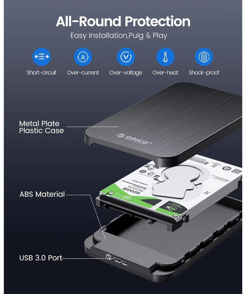 ORICO θήκη για 2.5" SATA HDD/SSD HM25U3, 5Gbps, μαύρη