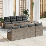 vidaXL Σετ 9 Μερών Καναπέ Κήπου με Μαξιλάρια Γκρι Πολυ Ρατάν