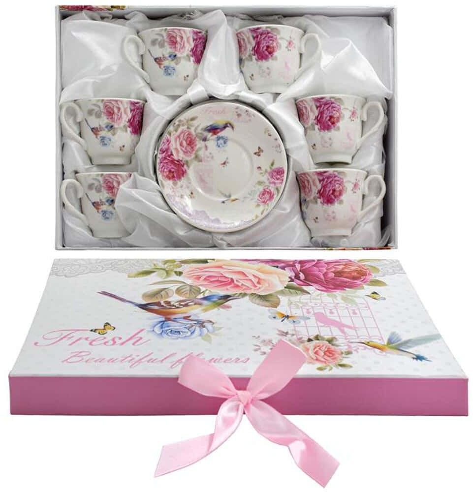 Φλυτζάνια Καφέ Με Πιατάκια Σε Κουτί Δώρου Floral (Σετ 12Τμχ) 374-224-303 6x6cm Multi Κεραμικό