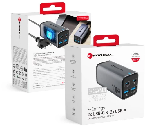 FORCELL F-ENERGY GaN III VT-49 desktop charger 2 x Type C + 2 x USB A PD QC4.0 SFC2.0 5A 100W gray