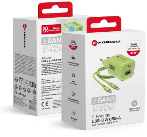 FORCELL F-ENERGY Crystal Color GaN III VT-41 travel charger with silicone cable with 1 x Type C + 1x USB A sockets, PD QC4.0 33W green