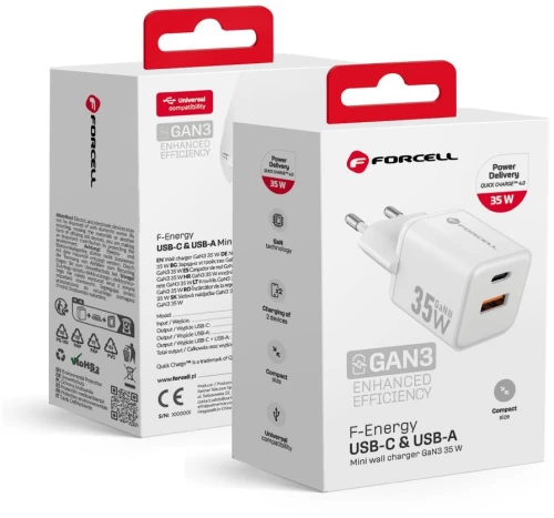 FORCELL F-ENERGY Mini GaN III VT-35C travel charger with 1 x Type C + 1x USB A sockets, PD QC4.0 35W white